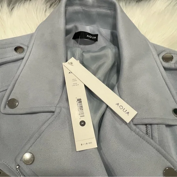 Aqua Light Blue Faux Suede Biker Jacket - Picture 7 of 12